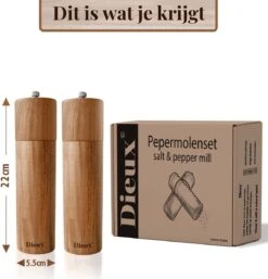 Dieux® - Peper En Zoutmolen Set - Cilinder Vorm - 22CM - Zout Peper Kruiden - 2 Stuks - Acacia Hout - Instelbare Maalgraad - Duurzaam - Luxe Kwaliteit - Hervulbaar - Pepermolen - Zoutmolen - BBQ Accesoires - Pasen -Woninginrichtingseries Winkel 1152x1200