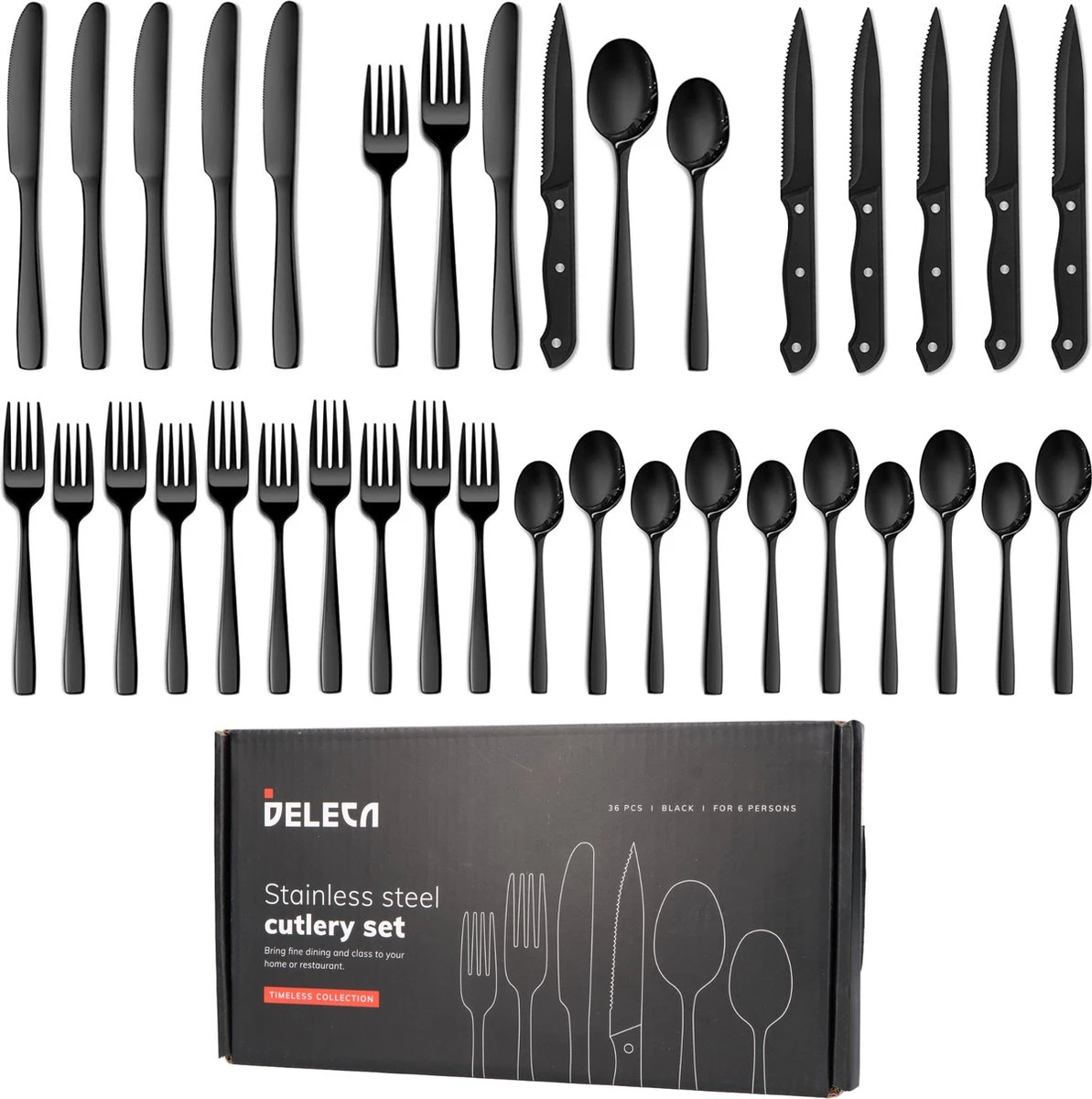 Deleca 6 Persoons Bestekset (36-delig) - Lepels, Messen, Vorken & Steakmessen - Vaatwasserbestendig - Zwart / RVS 3 Deleca 6 Persoons Bestekset (36-delig) - Lepels, Messen, Vorken & Steakmessen - Vaatwasserbestendig - Zwart / RVS