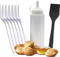 Ocina Poffertjespan Accessoires Set - Doseerfles - Poffertjes Spuitfles - 6x Poffertjes Vork - Kwast - Siliconen Kwast - Bakkwast - Gratis Poffertjes E-Book