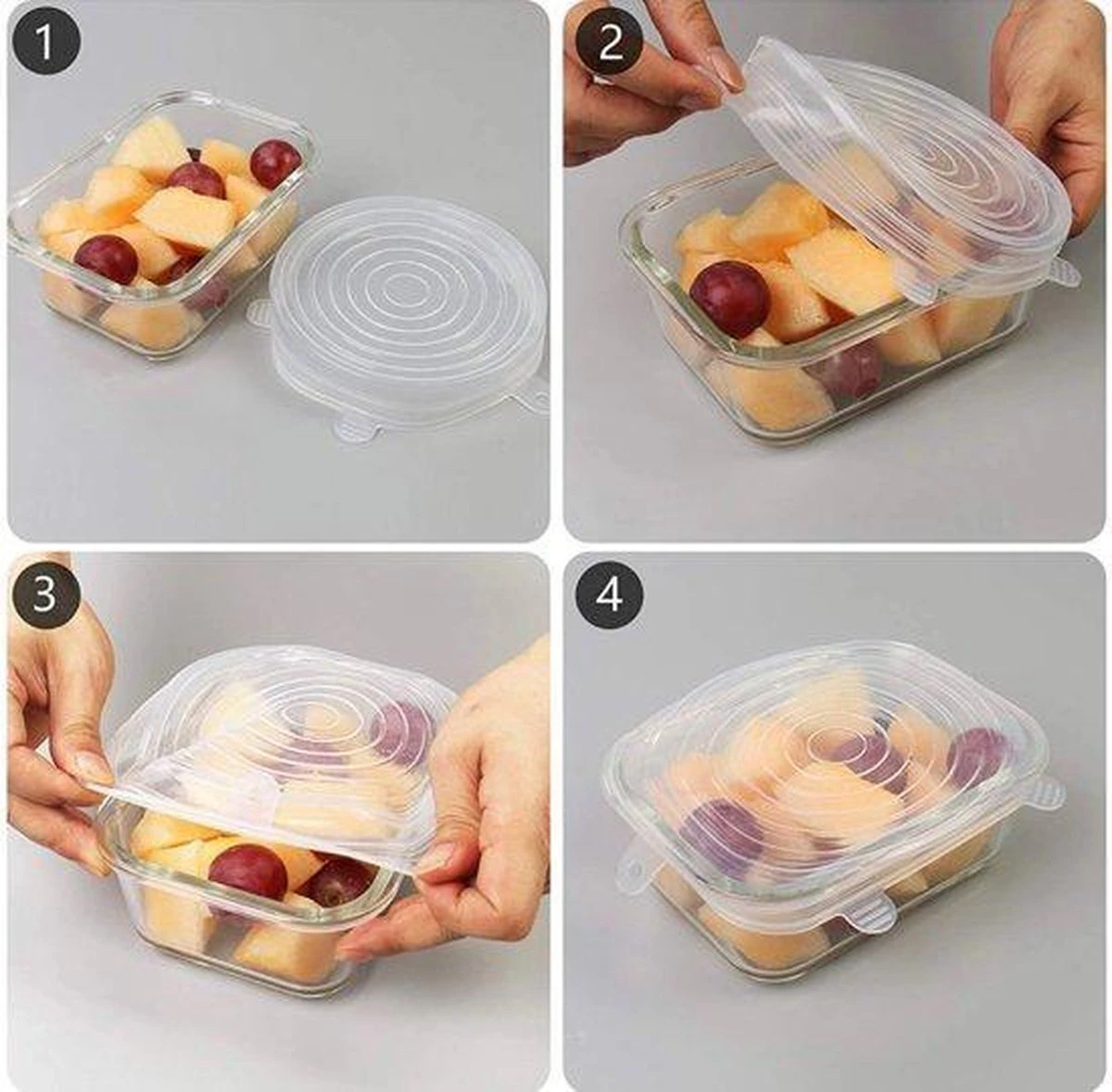 Siliconen Vershoud Deksels – Set Van 6 Stuks – Flexibel – Herbruikbaar – Wit - Stretch Tot Wel 30 Cm 9 Siliconen Vershoud Deksels – Set Van 6 Stuks – Flexibel – Herbruikbaar – Wit - Stretch Tot Wel 30 Cm - Afbeelding 7