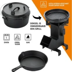 Dutch Mountains Gietijzeren Pannenset 7-delig - Dutch Oven – Braadpan - Grillpan - Hapjespan - Kookset In Houten Transportkist - Deksellifter - Brander -Woninginrichtingseries Winkel 1200x1185
