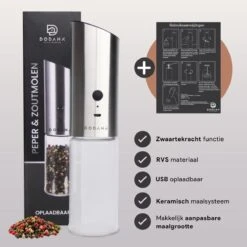 DODANA Premium Peper - & Zoutmolen Elektrisch - 1 Stuk - Pepermolen - Zoutmolen - Oplaadbaar - USB - Elektrische Pepermolen - RVS - Zwaartekracht Functie - LED Lamp - Nl Handleiding - Incl Borsteltje -Woninginrichtingseries Winkel 1200x1199 3