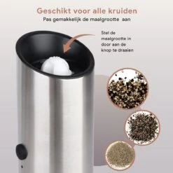 DODANA Premium Peper - & Zoutmolen Elektrisch - 1 Stuk - Pepermolen - Zoutmolen - Oplaadbaar - USB - Elektrische Pepermolen - RVS - Zwaartekracht Functie - LED Lamp - Nl Handleiding - Incl Borsteltje -Woninginrichtingseries Winkel 1200x1199 4