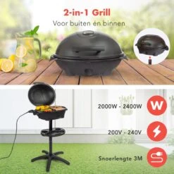 KitchenBrothers Elektrische BBQ - Met Grillplaat - Anti-aanbaklaag - Incl. Plank/Houders - Grilloppervlak 46,5x33,8cm - Tot 300°C - 2400W - Zwart -Woninginrichtingseries Winkel 1200x1200 335