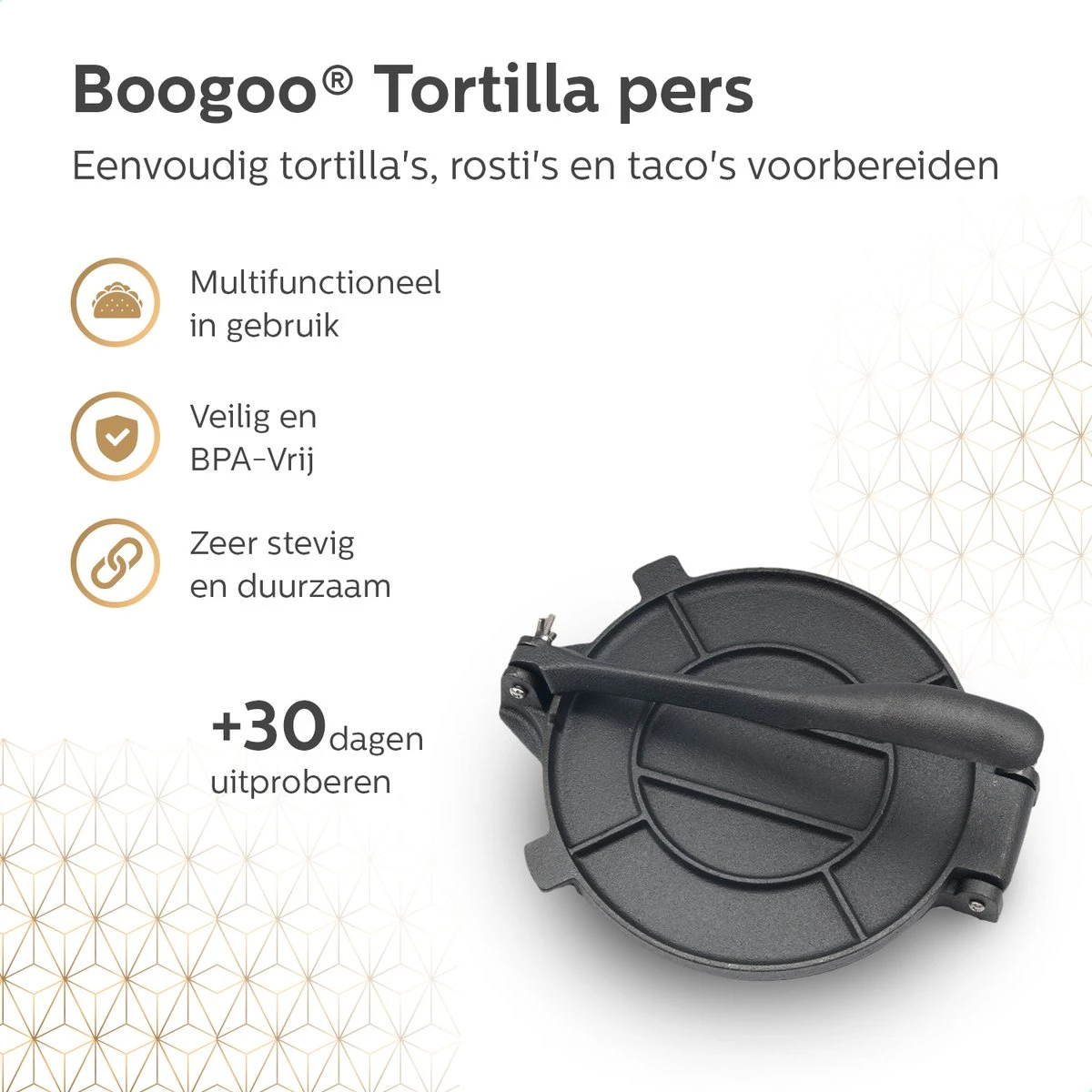 BooGoo® - Tortilla Pers Ø25CM - Inclusief Bakkwast En 100 Persvellen - Tortilla Press Roti Taco Maker - Tortillapan 4 BooGoo® - Tortilla Pers Ø25CM - Inclusief Bakkwast En 100 Persvellen - Tortilla Press Roti Taco Maker - Tortillapan - Afbeelding 2