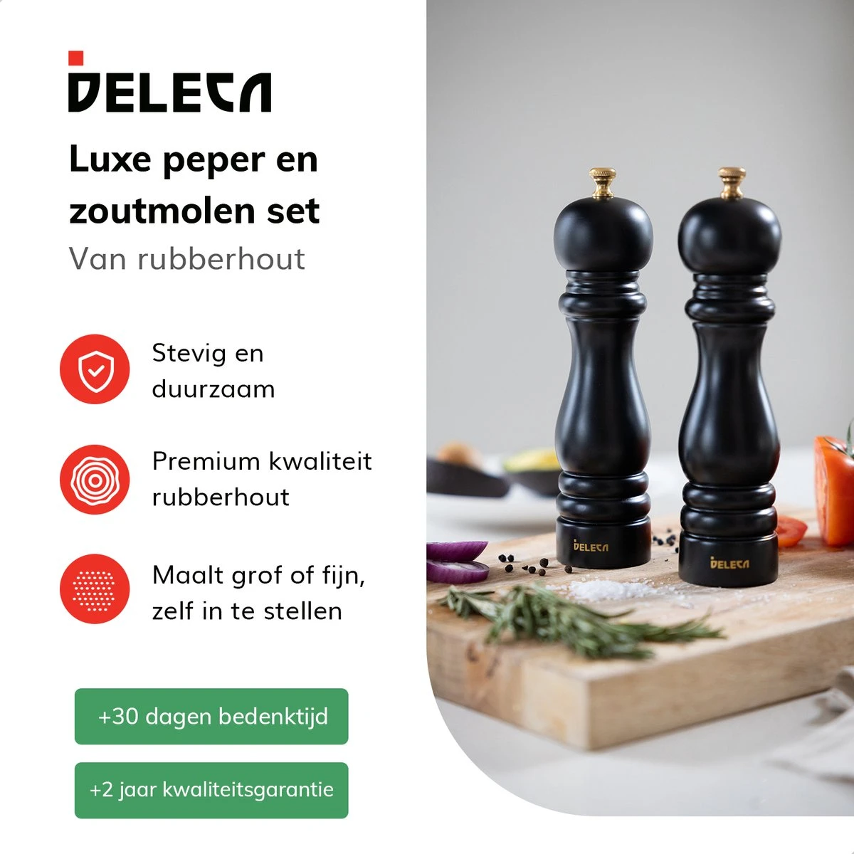 Deleca Luxe Peper En Zoutmolen Set - Met Geschenkdoos - Zout / Pepermolen - Rubberhout - Zwart & Goud 7 Deleca Luxe Peper En Zoutmolen Set - Met Geschenkdoos - Zout / Pepermolen - Rubberhout - Zwart & Goud - Afbeelding 5