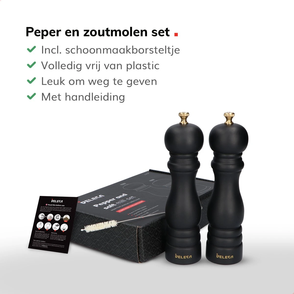 Deleca Luxe Peper En Zoutmolen Set - Met Geschenkdoos - Zout / Pepermolen - Rubberhout - Zwart & Goud 11 Deleca Luxe Peper En Zoutmolen Set - Met Geschenkdoos - Zout / Pepermolen - Rubberhout - Zwart & Goud - Afbeelding 9
