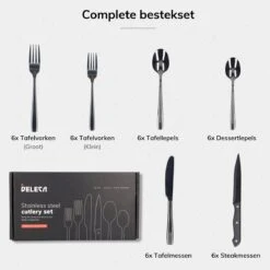 Deleca 6 Persoons Bestekset (36-delig) - Lepels, Messen, Vorken & Steakmessen - Vaatwasserbestendig - Zwart / RVS 20 Deleca 6 Persoons Bestekset (36-delig) - Lepels, Messen, Vorken & Steakmessen - Vaatwasserbestendig - Zwart / RVS -Woninginrichtingseries Winkel 1200x1200 675
