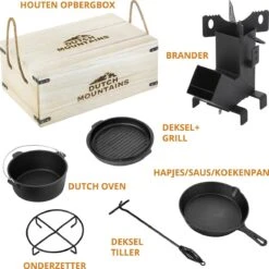 Dutch Mountains Gietijzeren Pannenset 7-delig - Dutch Oven – Braadpan - Grillpan - Hapjespan - Kookset In Houten Transportkist - Deksellifter - Brander -Woninginrichtingseries Winkel 1200x1200 732