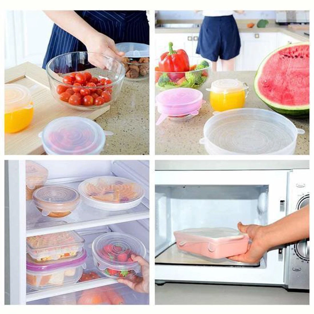 Siliconen Vershoud Deksels – Set Van 6 Stuks – Flexibel – Herbruikbaar – Wit - Stretch Tot Wel 30 Cm 4 Siliconen Vershoud Deksels – Set Van 6 Stuks – Flexibel – Herbruikbaar – Wit - Stretch Tot Wel 30 Cm - Afbeelding 2