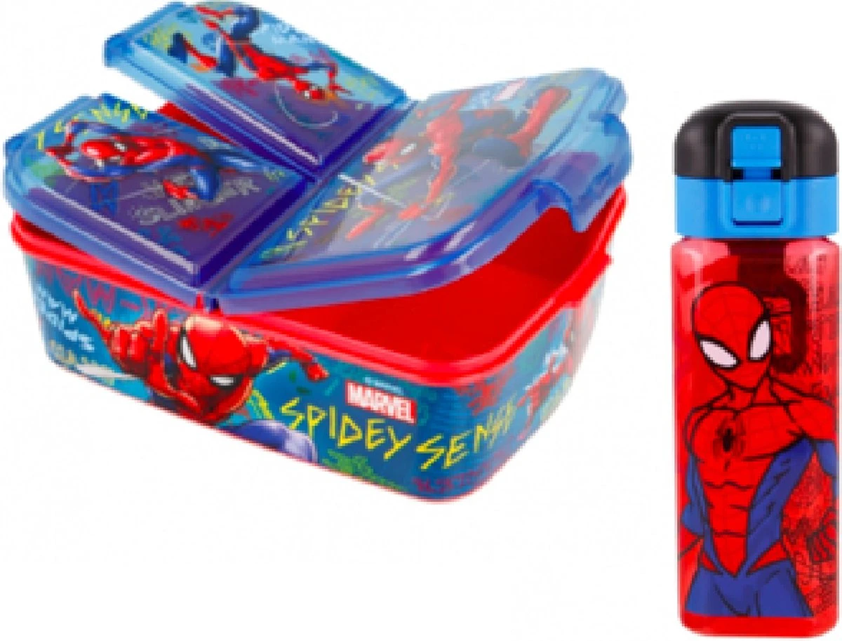 Star Spiderman 3 Vak Brooddoos / Broodtrommel + Grote Tritan Vierkante Drinkfles - 550 Ml 3 Star Spiderman 3 Vak Brooddoos / Broodtrommel + Grote Tritan Vierkante Drinkfles - 550 Ml