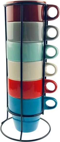 Orange85 Koffiekopjes - Met Houder - Set Van 6 - Gekleurd - 300 Ml - Keramiek